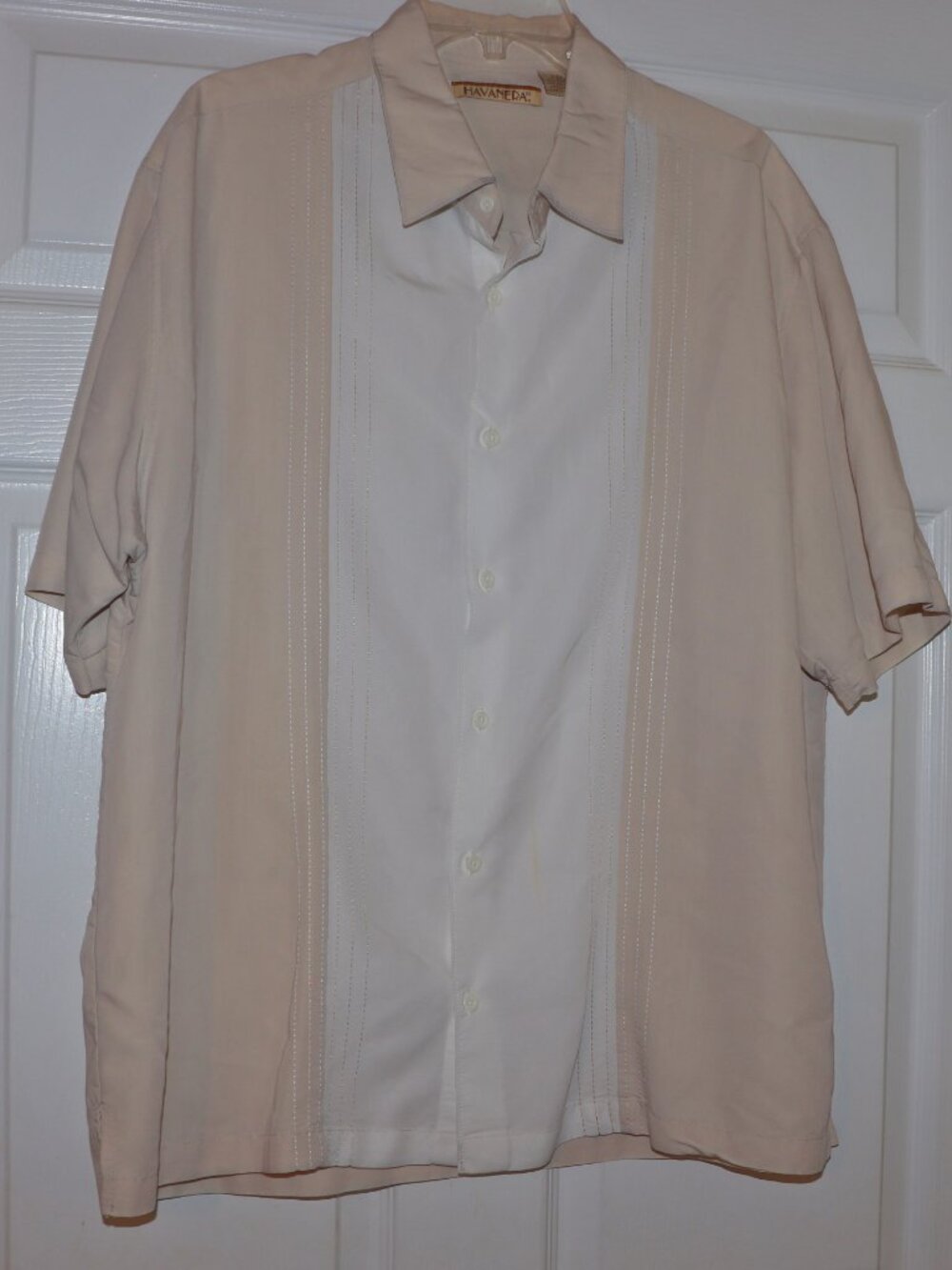 Havanera Co Mens 2XL Beige White Guayabera Camp Shirt Short Sleeve Rayon Blend